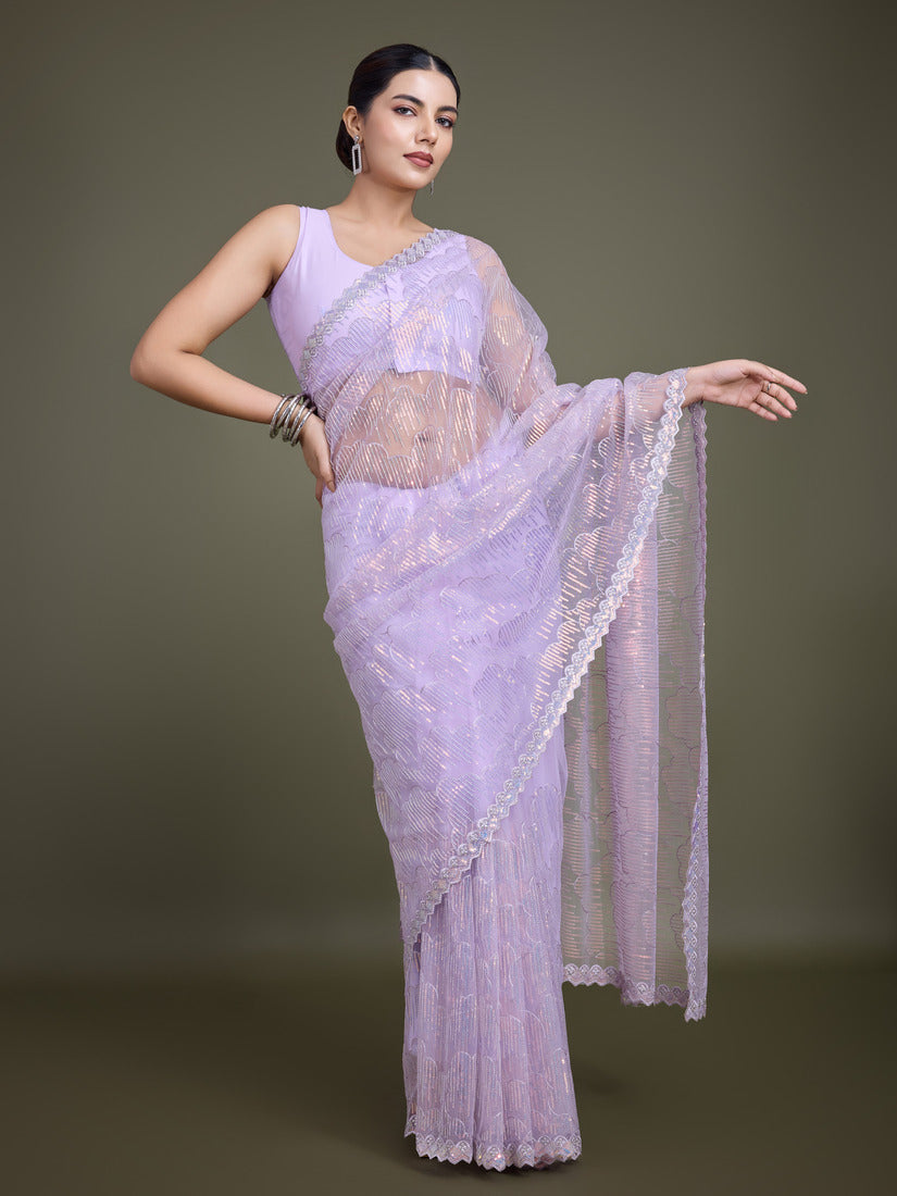 Lavender Soft Net Saree with Exquisite Sequin Work