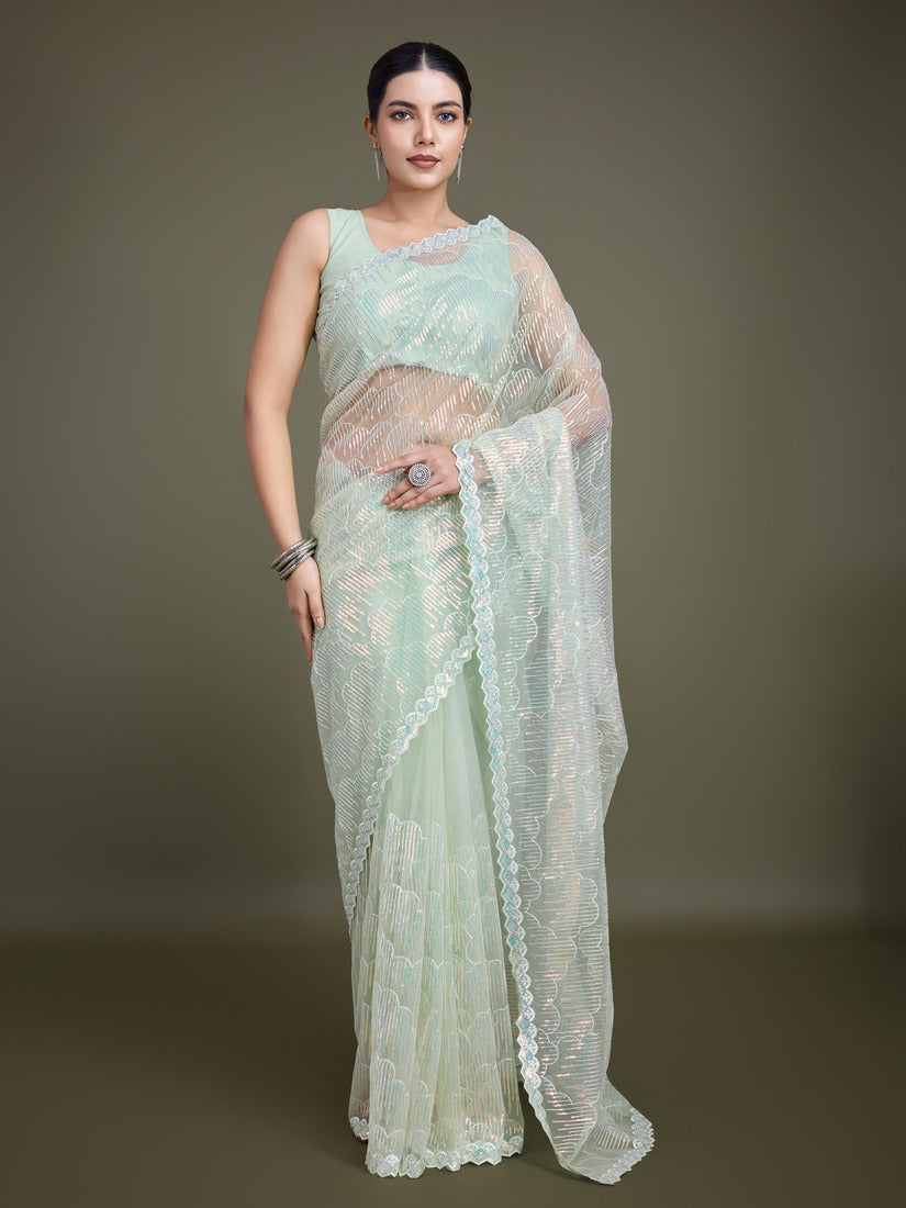 Light Green soft net saree with scattered sequin embroidery