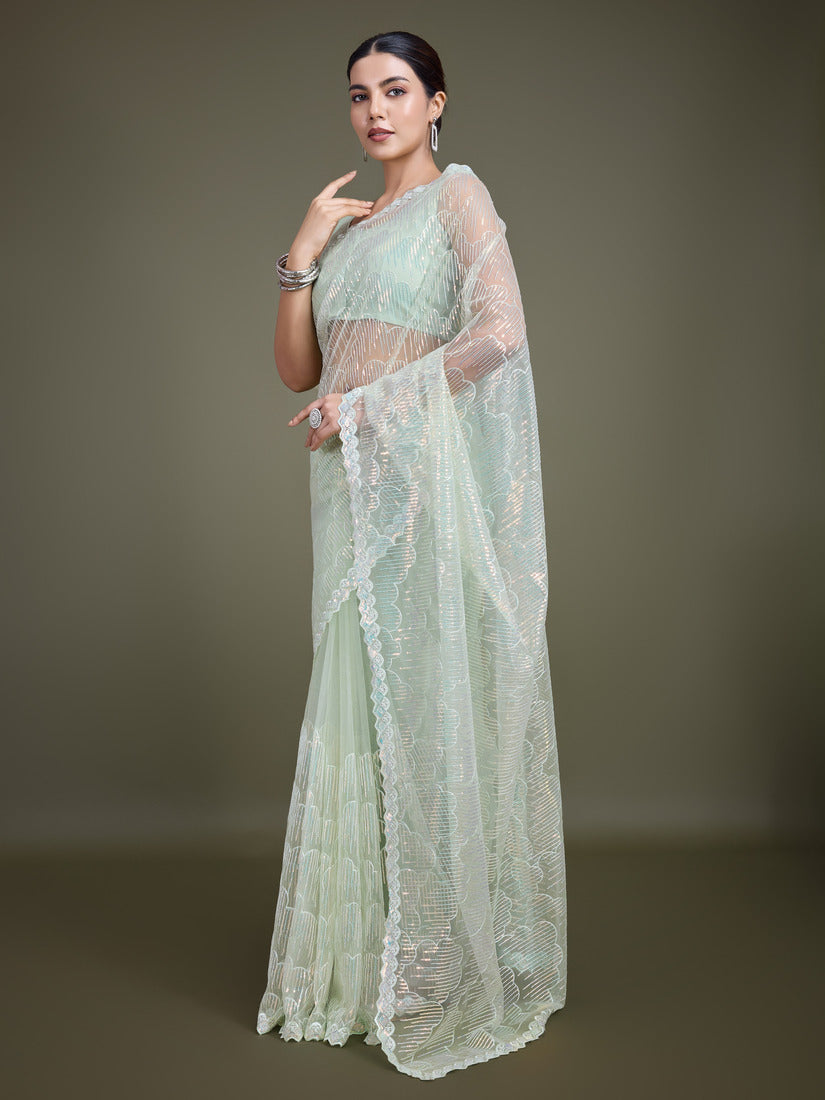 Light Green Soft Net Saree with Exquisite Sequin Work