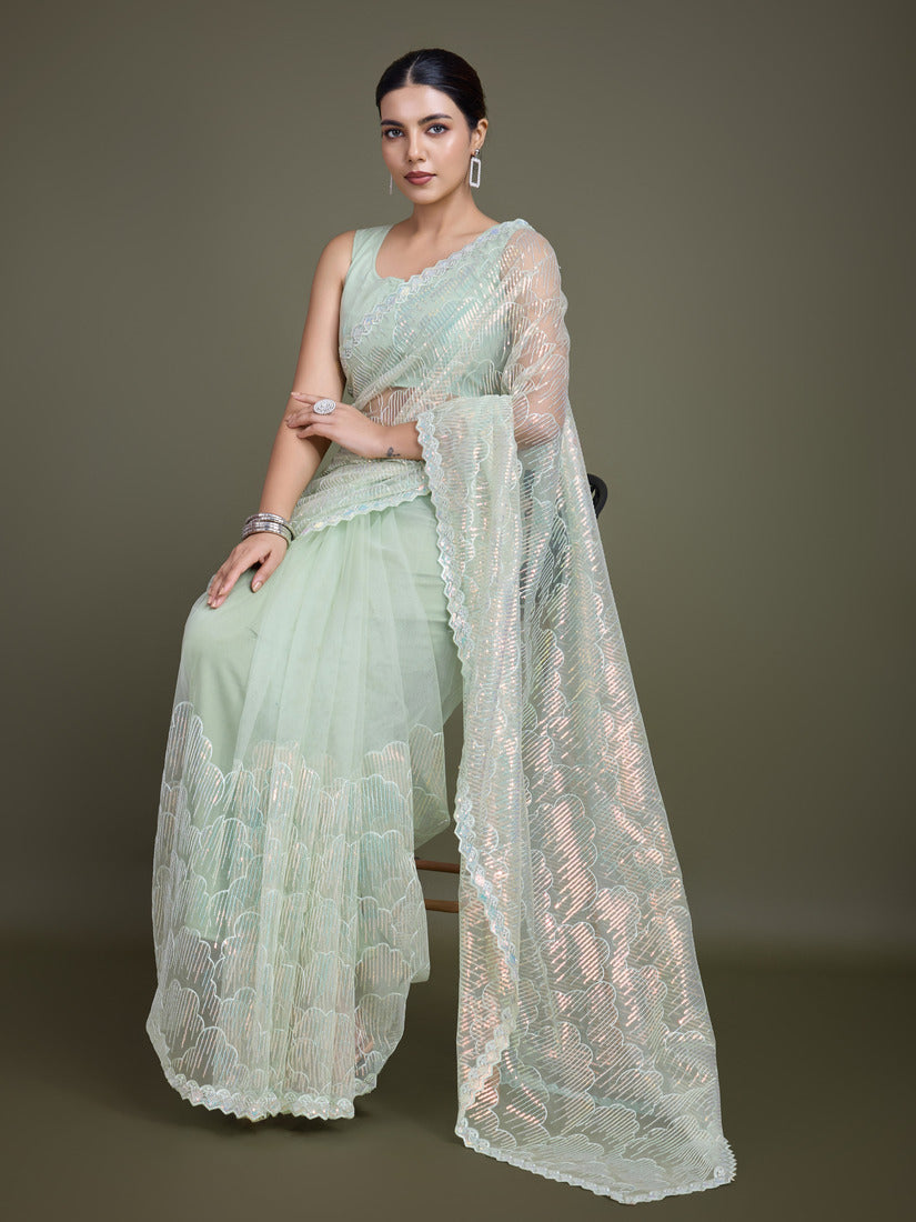 Light Green Soft Net Saree with Exquisite Sequin Work