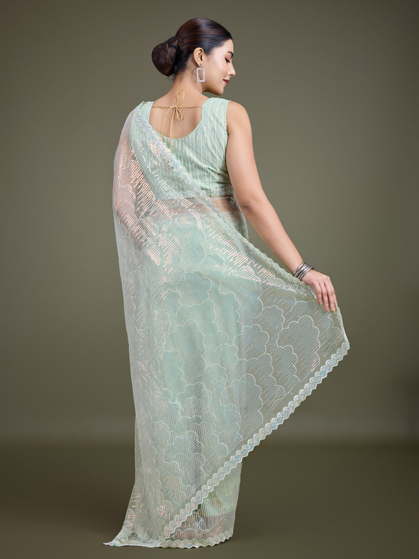 Light Green Soft Net Saree with Exquisite Sequin Work