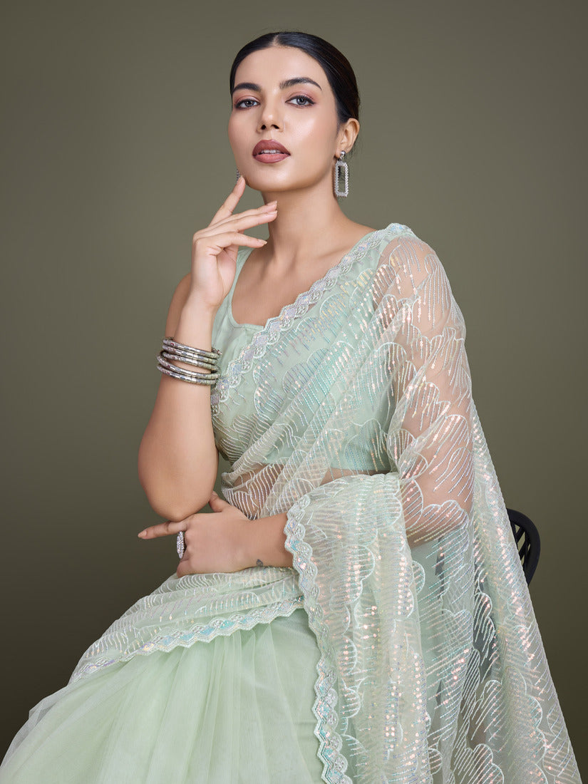 Light Green Soft Net Saree with Exquisite Sequin Work