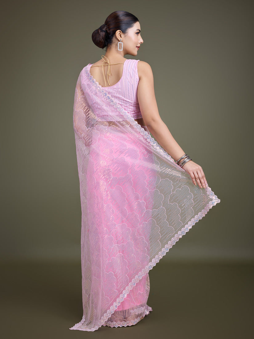 Monjolika Fashion Exclusive Women'S Light Pink Soft Net SareeWith Sequin Work