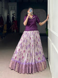 Elegant purple Dola Chex lehenga choli with floral prints and intricate gold Zari weaving detail