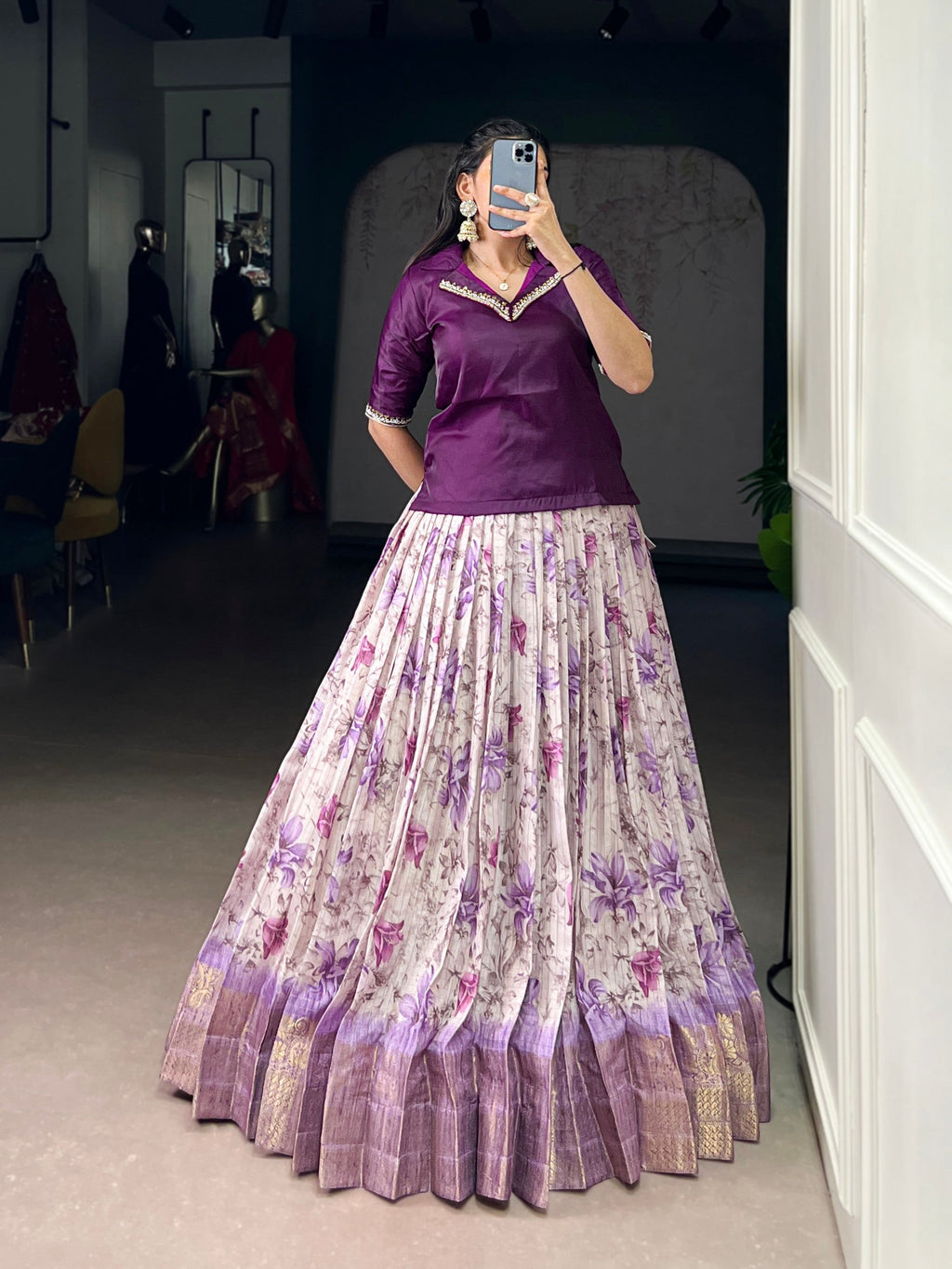 Purple Dola Chex Floral Printed Lehenga Choli with Zari Weaving