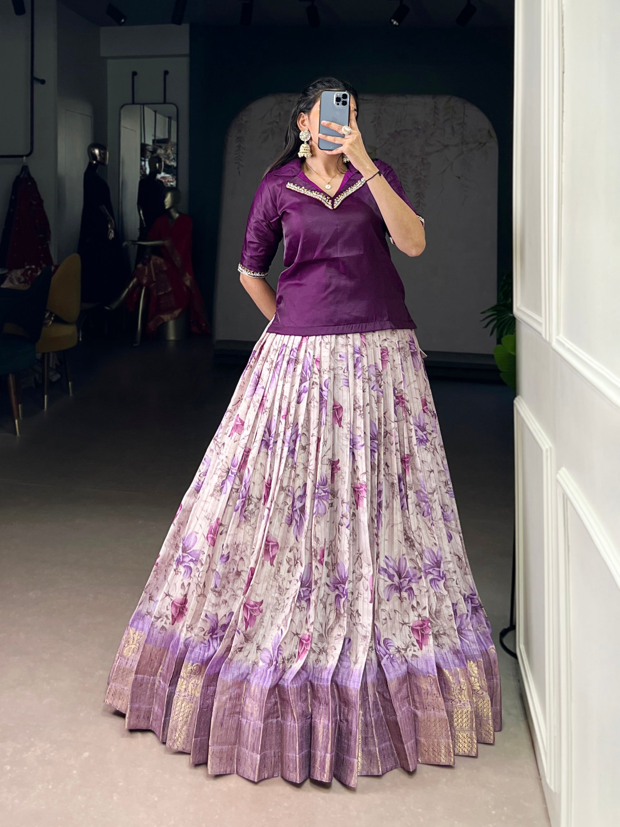 Purple Dola Chex Floral Printed Lehenga Choli with Zari Weaving