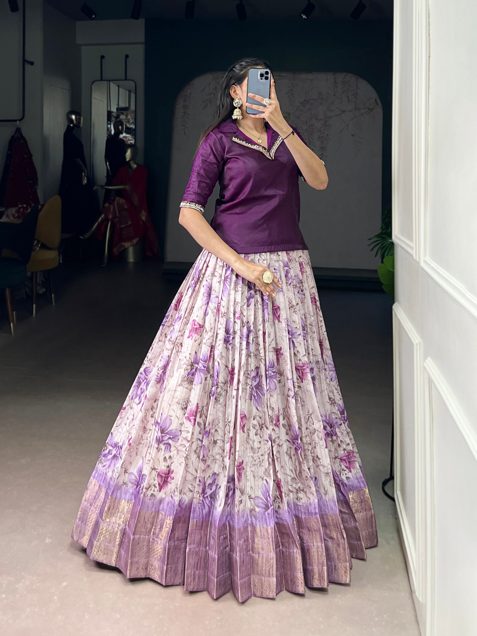 Purple Dola Chex Floral Printed Lehenga Choli with Zari Weaving