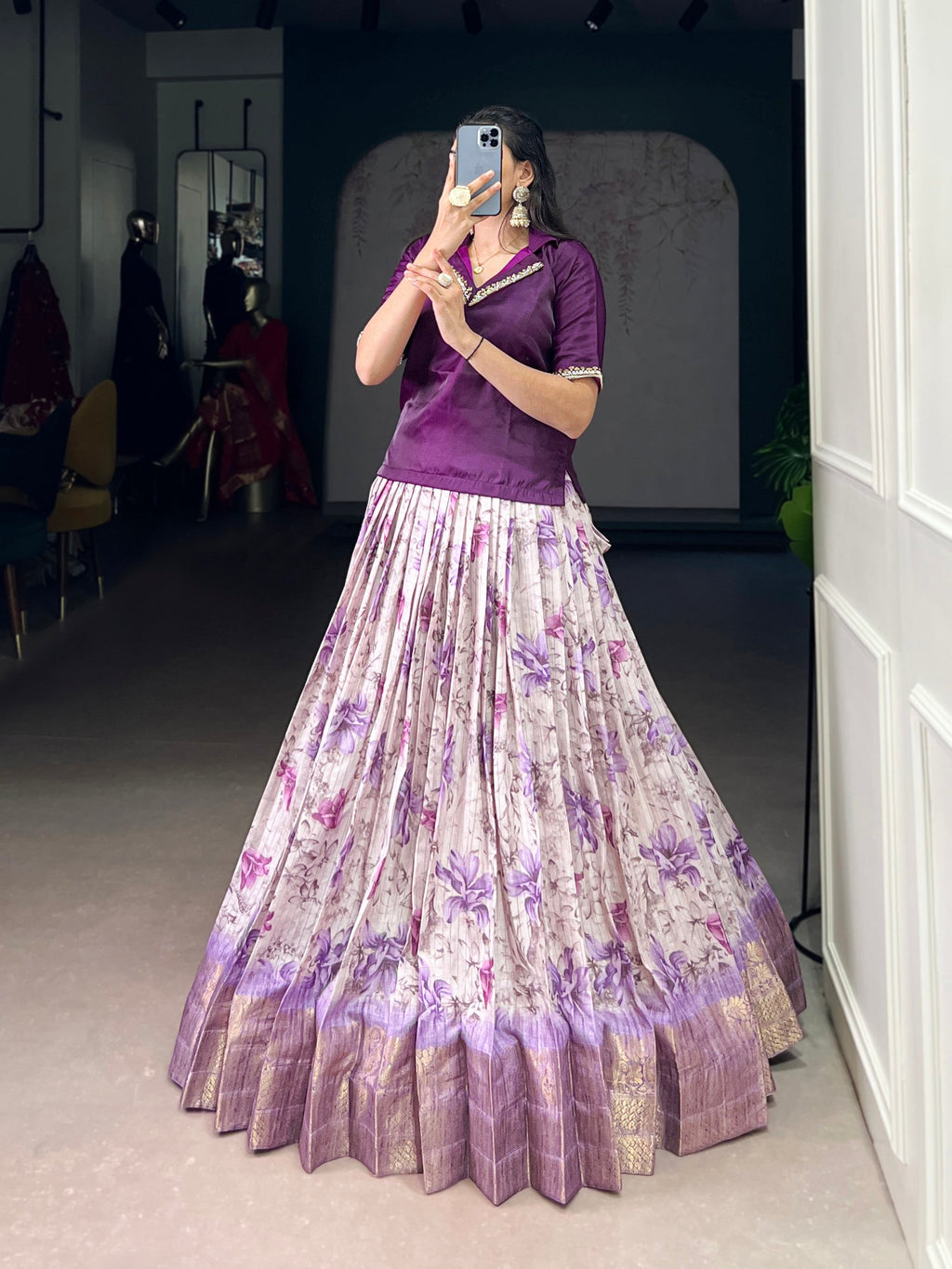 Purple Dola Chex Floral Printed Lehenga Choli with Zari Weaving