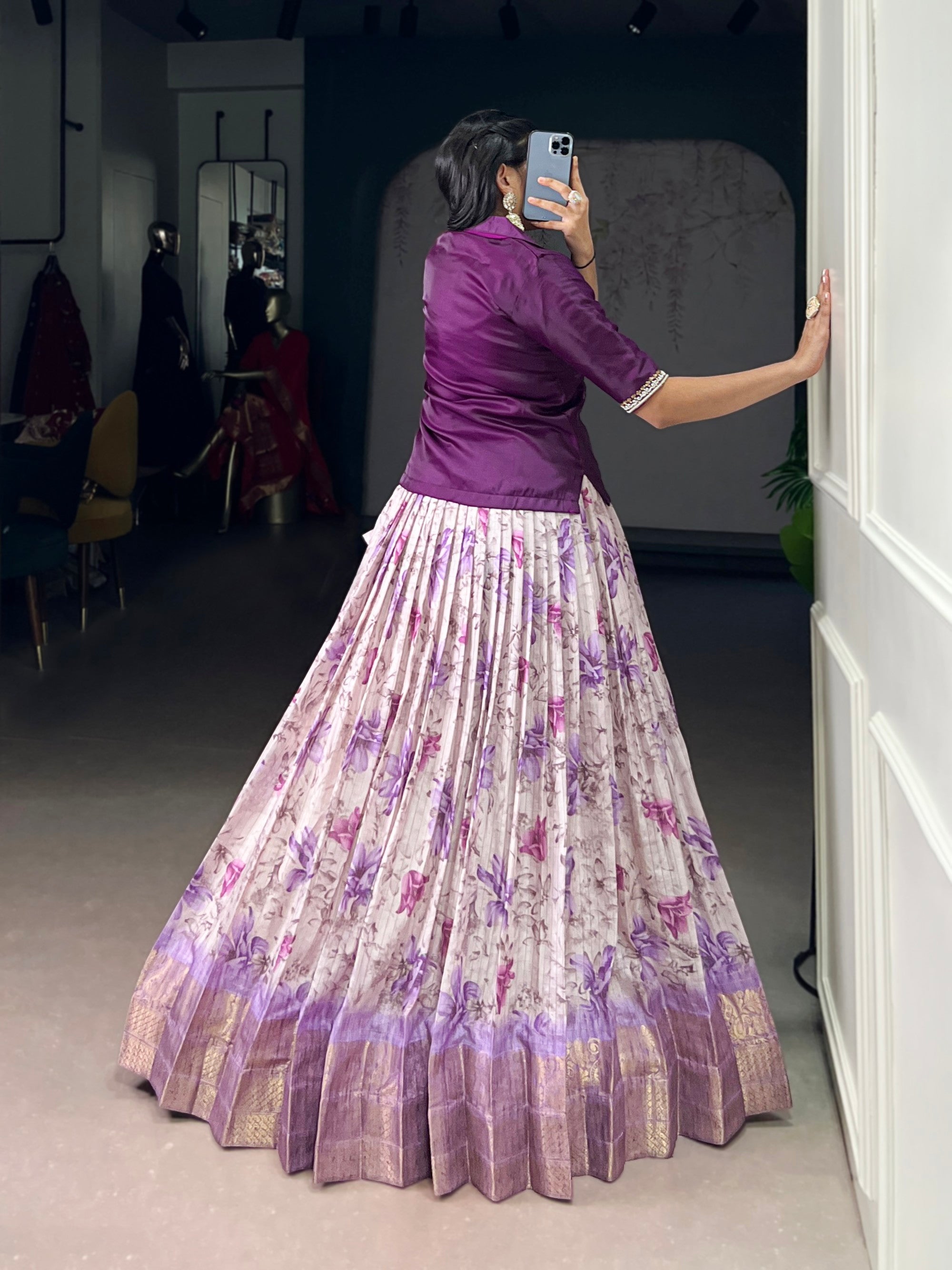 Purple Dola Chex Floral Printed Lehenga Choli with Zari Weaving