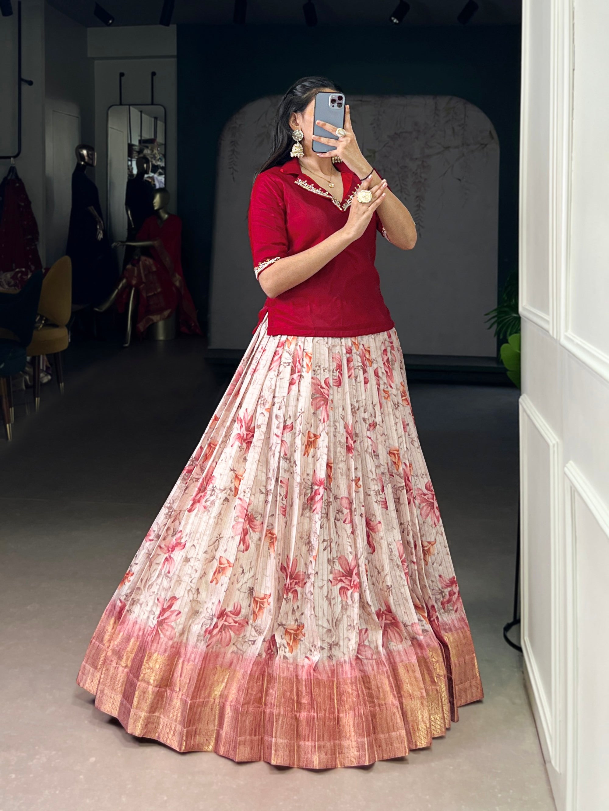 Lorenvalley Fashion Red Dola Chex Floral Printed With Zari Weaving Work Lehenga Choli