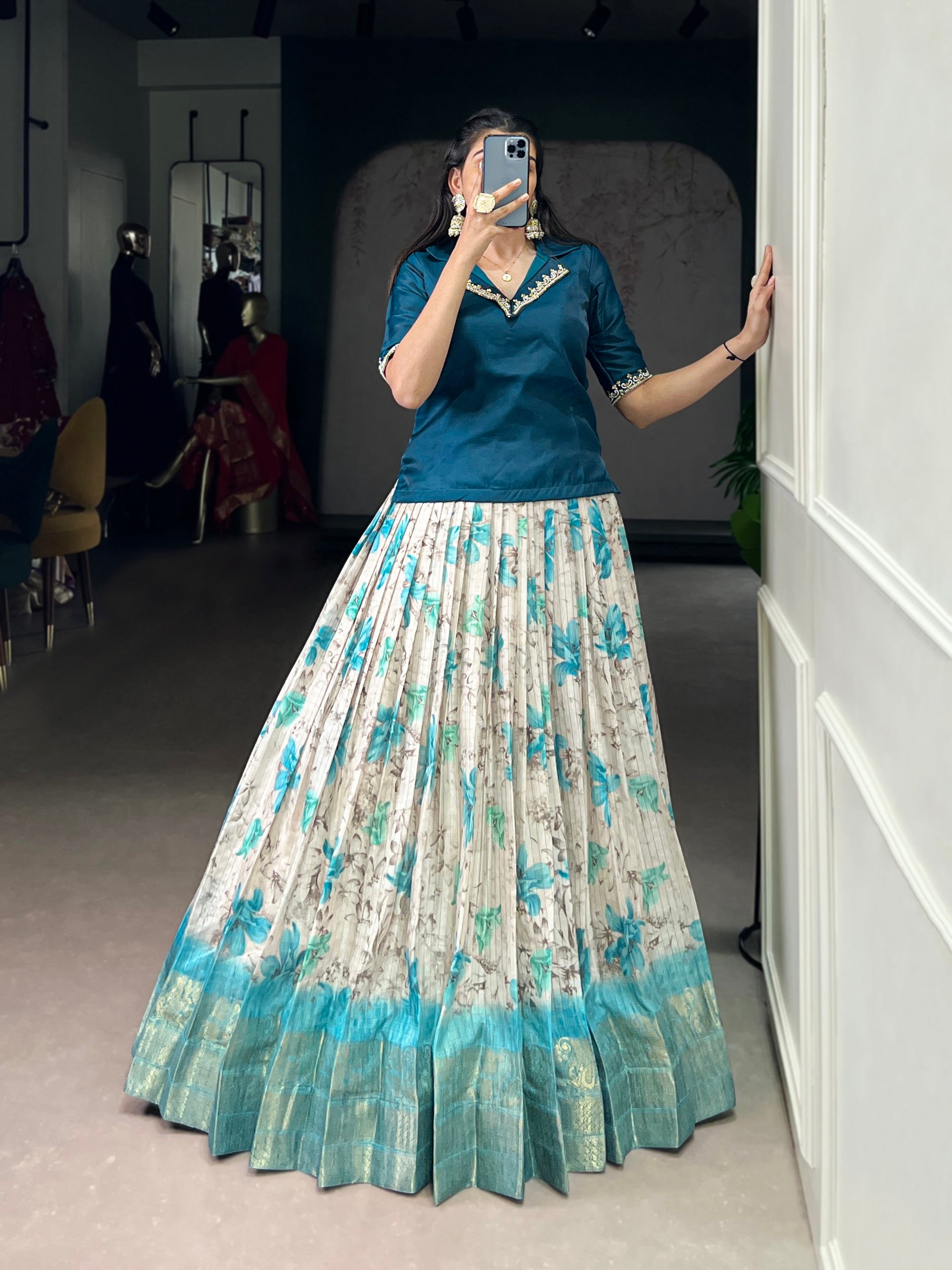 Teal Dola Chex Floral Printed Lehenga Choli with Zari Weaving
