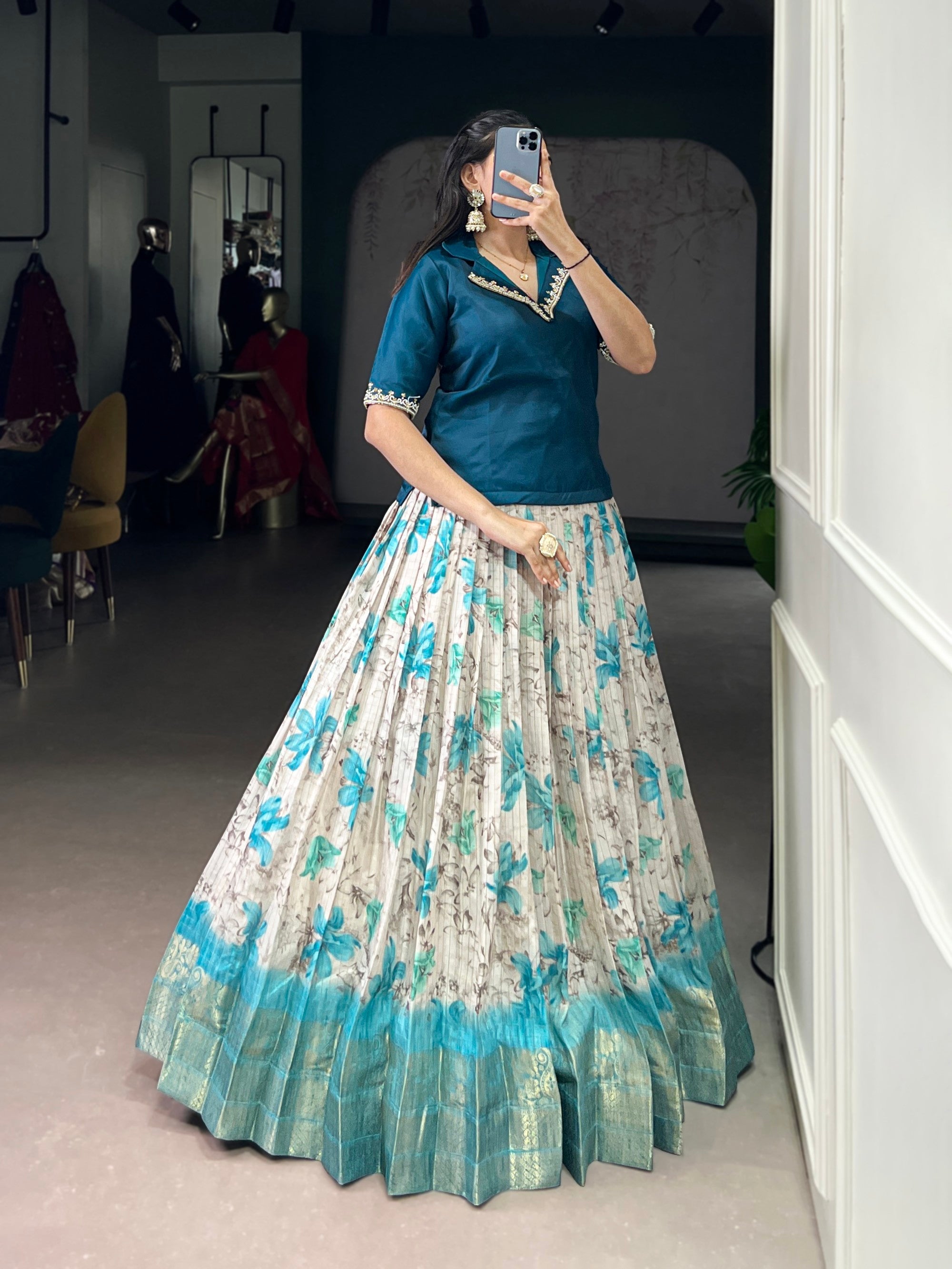 Teal Dola Chex Floral Printed Lehenga Choli with Zari Weaving