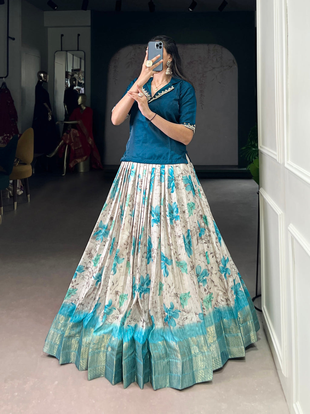 Teal Dola Chex Floral Printed Lehenga Choli with Zari Weaving