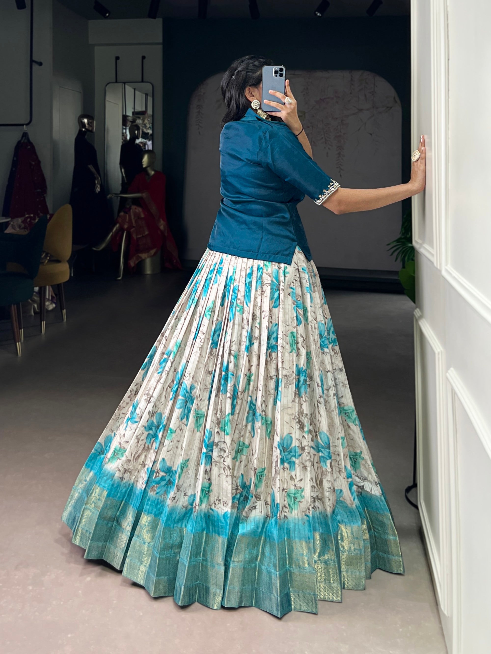 Teal Dola Chex Floral Printed Lehenga Choli with Zari Weaving