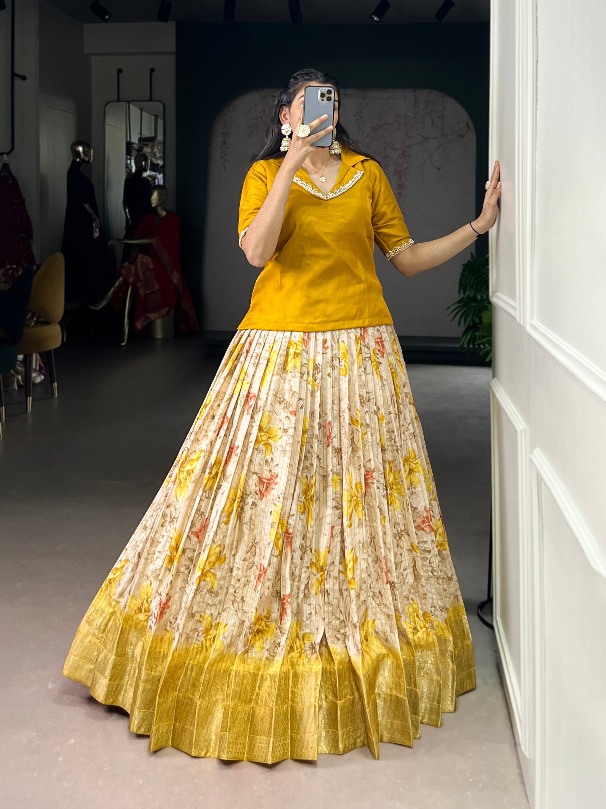 Yellow Dola Chex Floral Printed Lehenga Choli with Zari Weaving