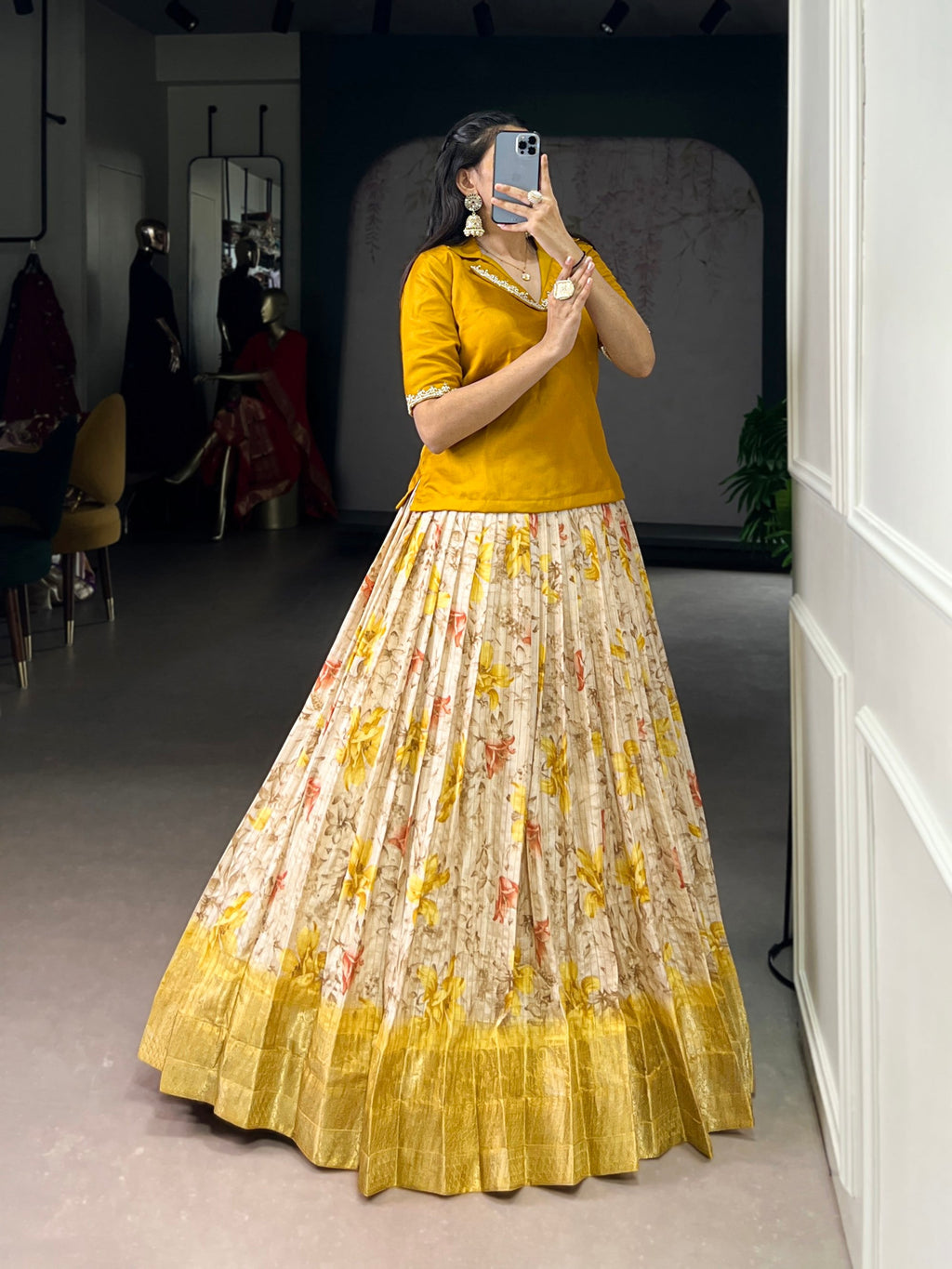 Yellow Dola Chex Floral Printed Lehenga Choli with Zari Weaving