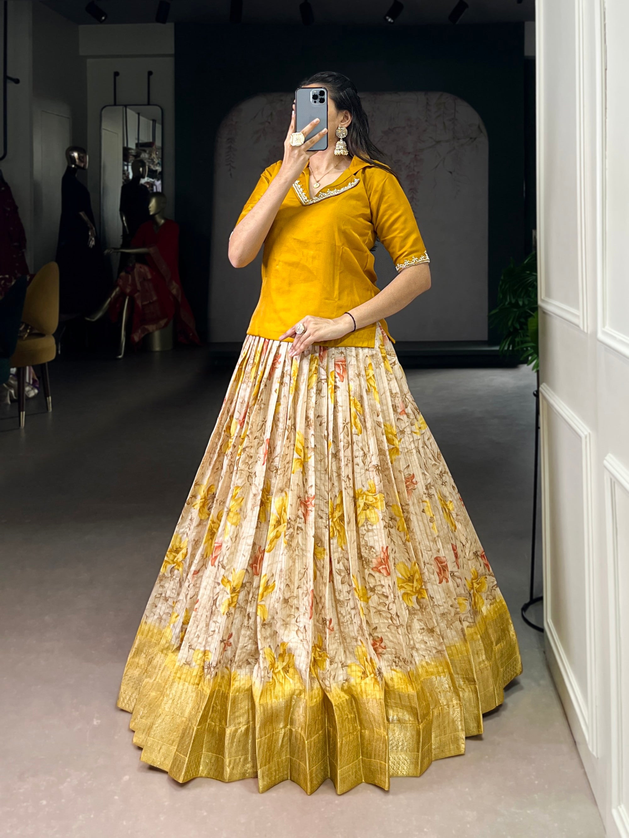 Yellow Dola Chex Floral Printed Lehenga Choli with Zari Weaving