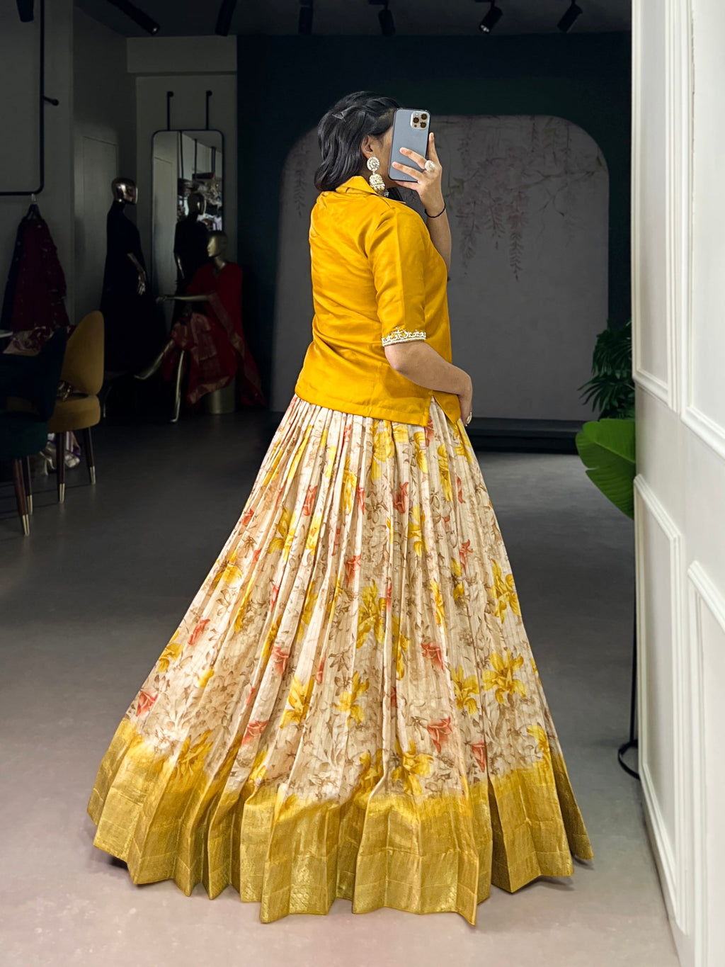 Yellow Dola Chex Floral Printed Lehenga Choli with Zari Weaving