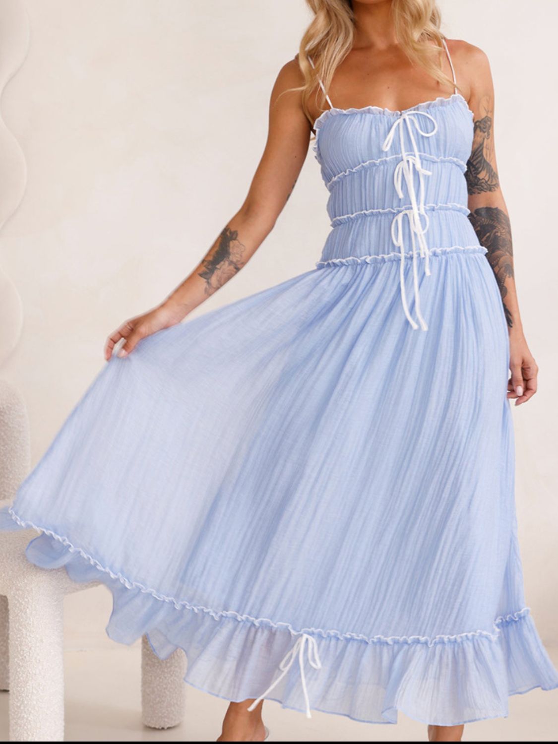 Girls Vintage Ruffled Hem Midi Dress with Tied and Ruched Detail