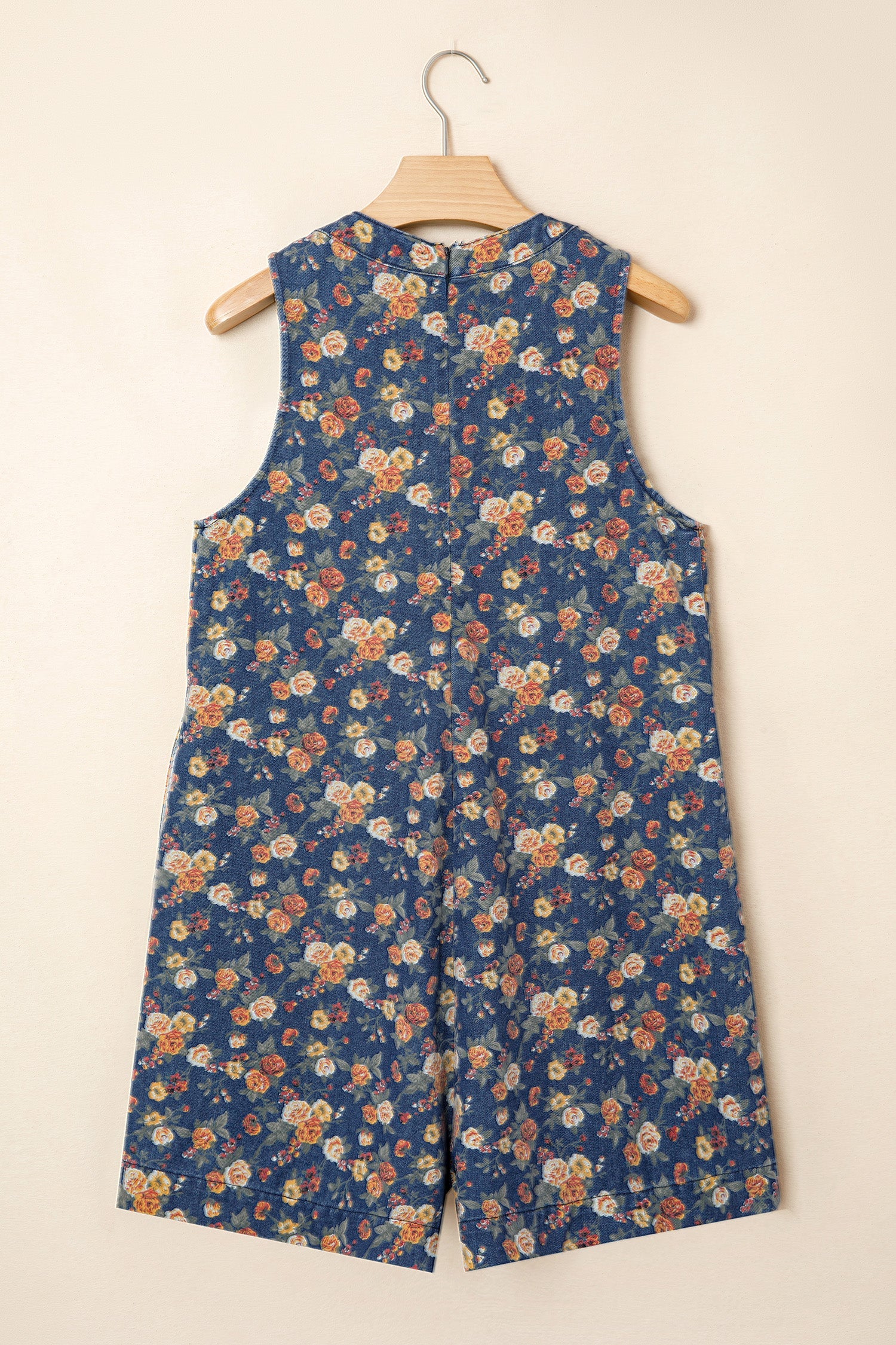 Blue Retro Floral Print V-Neck Sleeveless Denim Romper with Bow