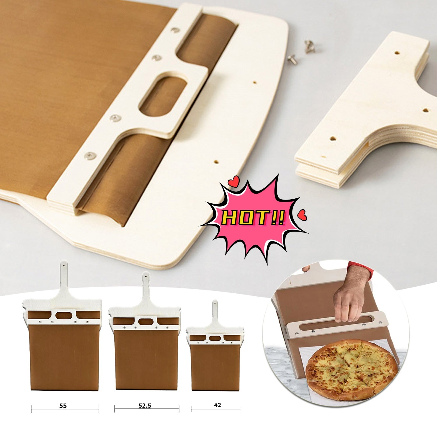 A natural light-wood sliding pizza peel paddle resting on a kitchen counter, showcasing a minimalist design.