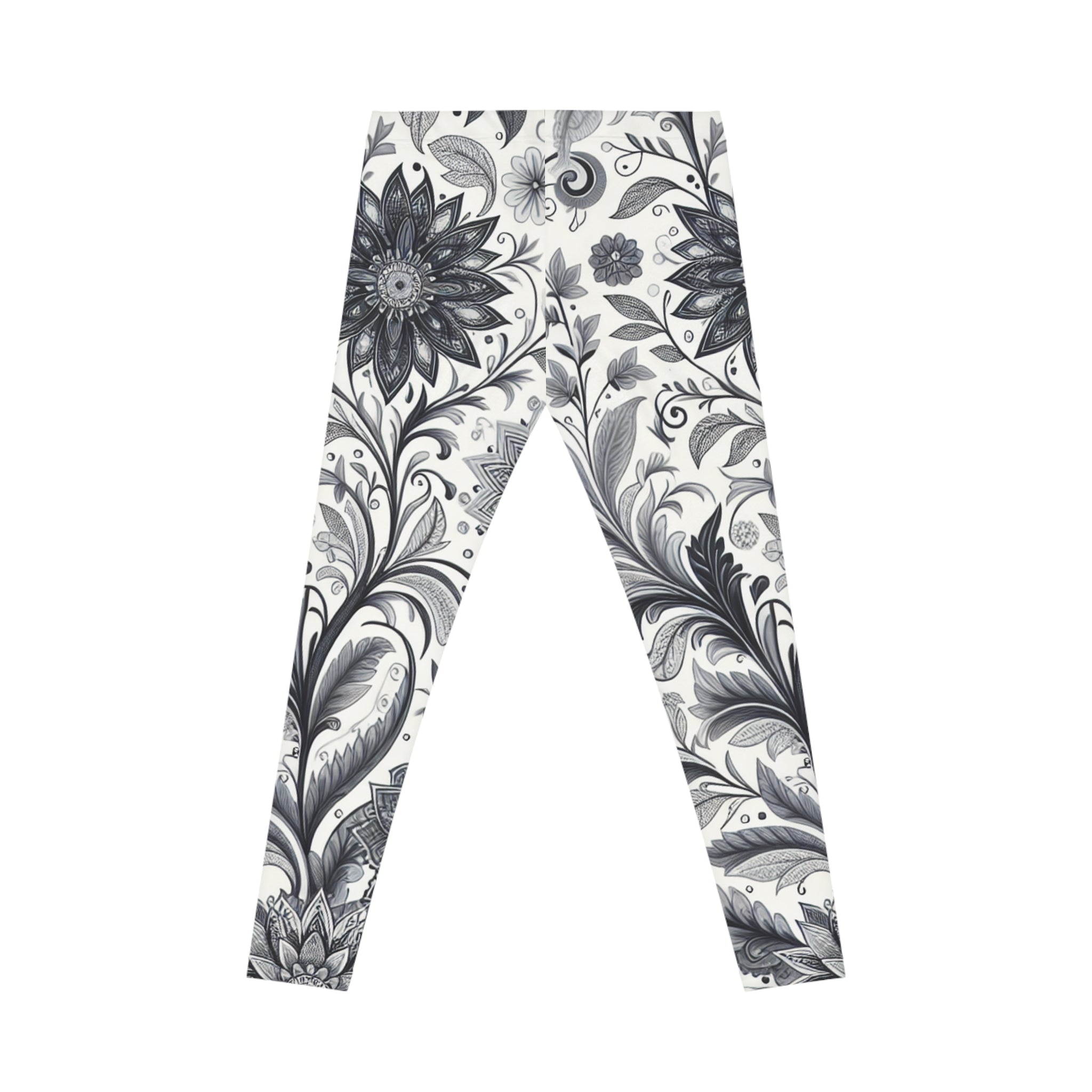 Women's High-Rise Floral Leggings, Black and White Athletic Pants