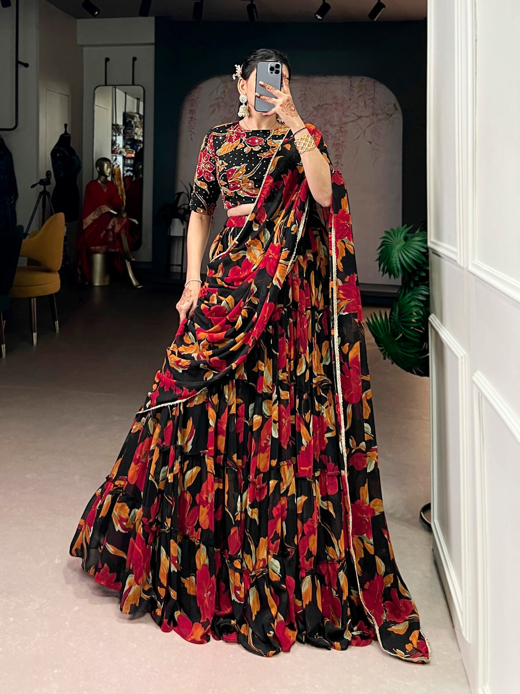 Multicolor floral printed lehenga choli set with matching dupatta