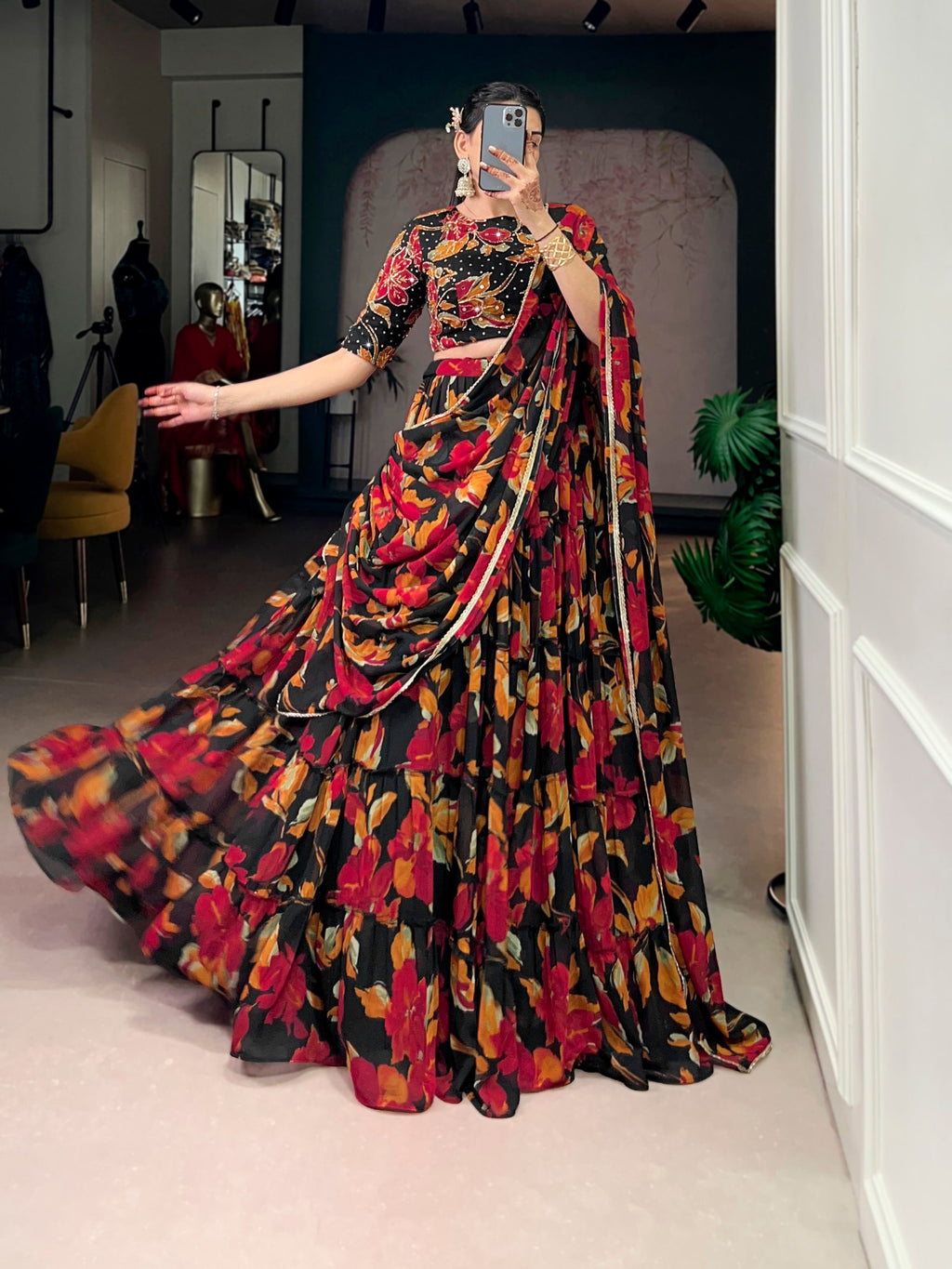 Multicolor Marble Floral Printed Lehenga Choli with Dupatta
