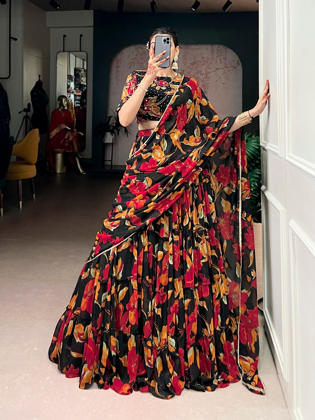 Multicolor Marble Floral Printed Lehenga Choli with Dupatta