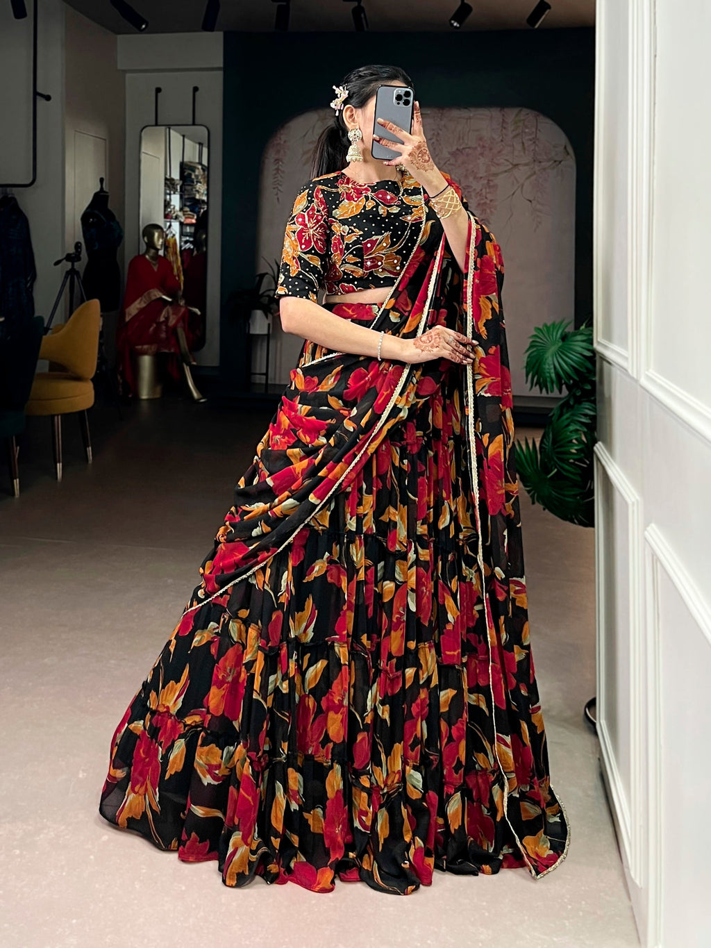 Multicolor Marble Floral Printed Lehenga Choli with Dupatta