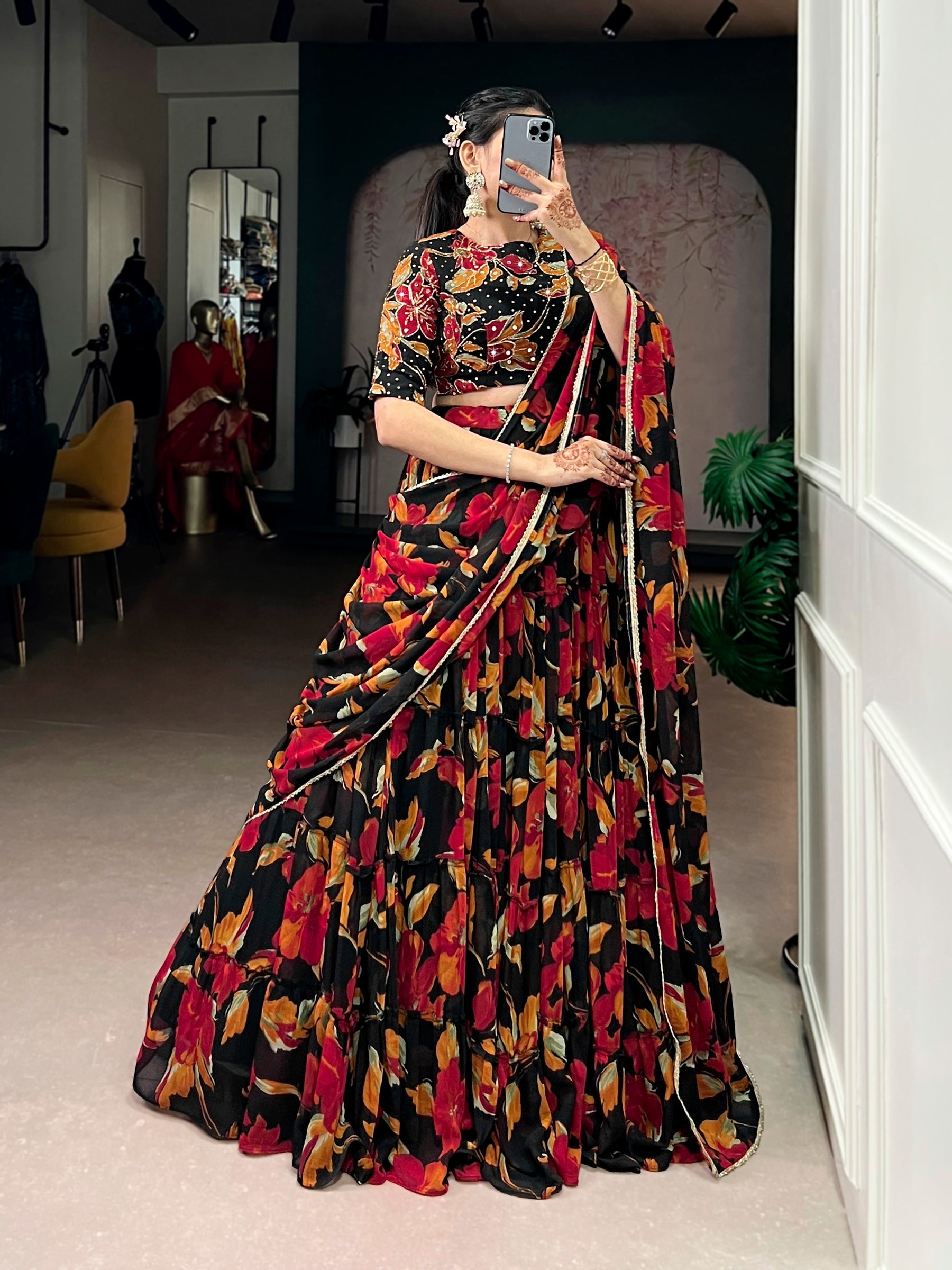 Multicolor Marble Floral Printed Lehenga Choli with Dupatta