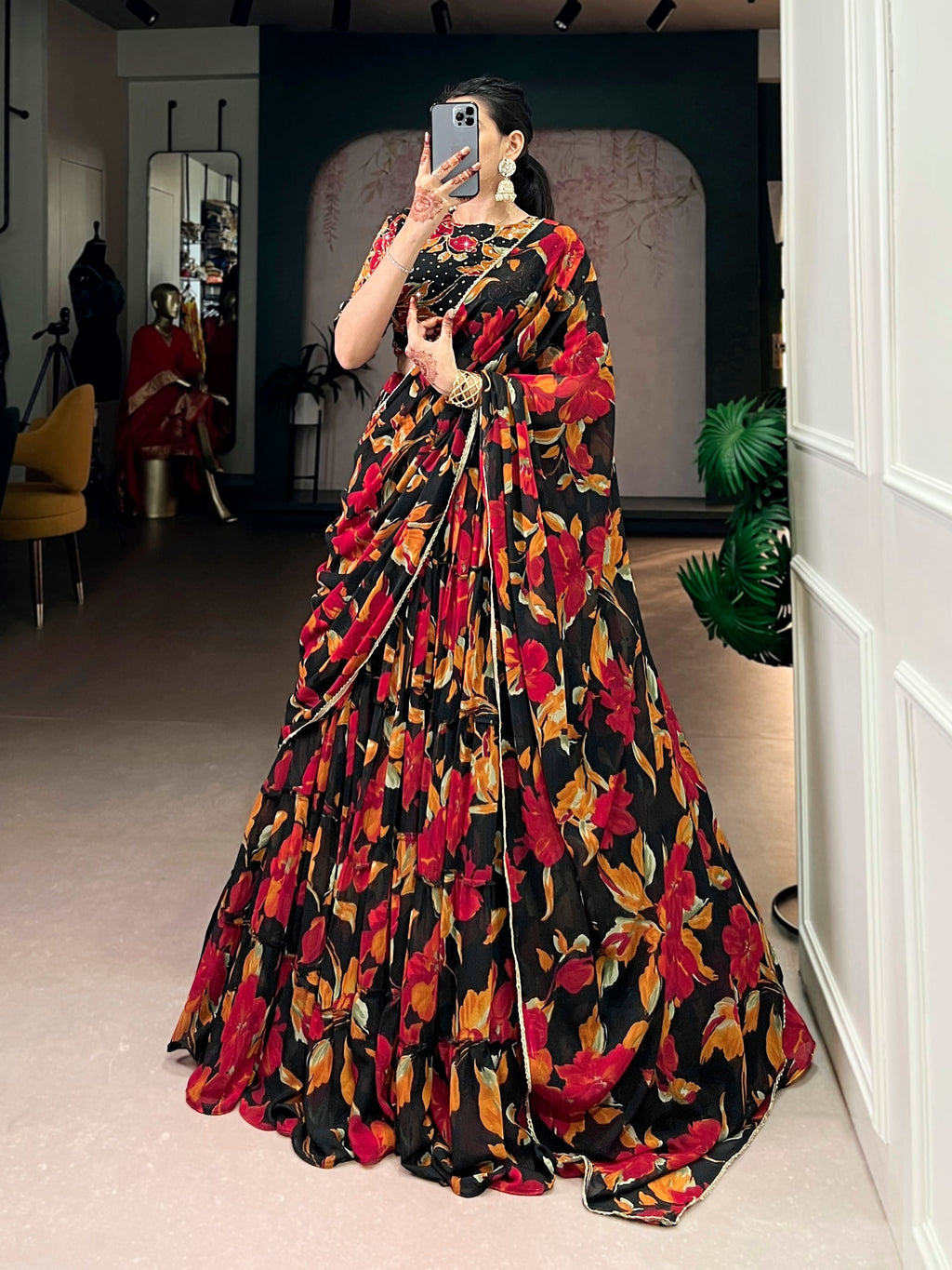 Multicolor Marble Floral Printed Lehenga Choli with Dupatta