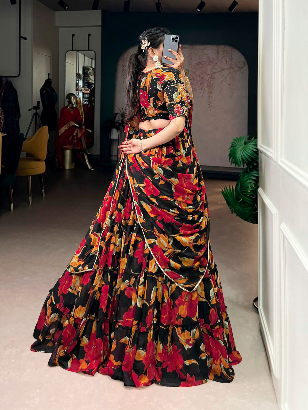 Multicolor Marble Floral Printed Lehenga Choli with Dupatta