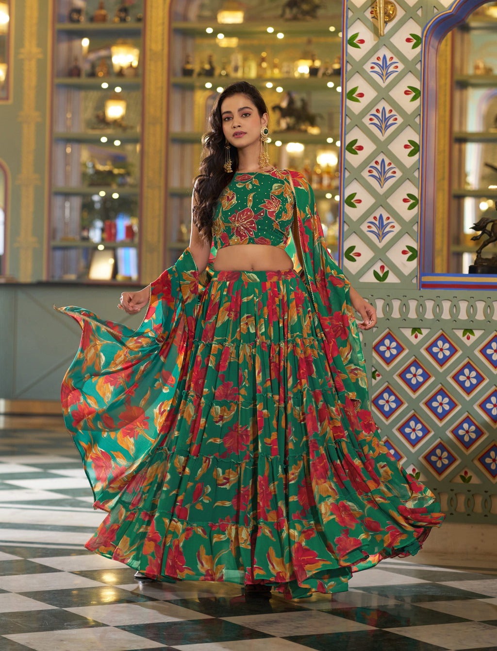 Multicolor Marble Floral Printed Lehenga Choli with Dupatta
