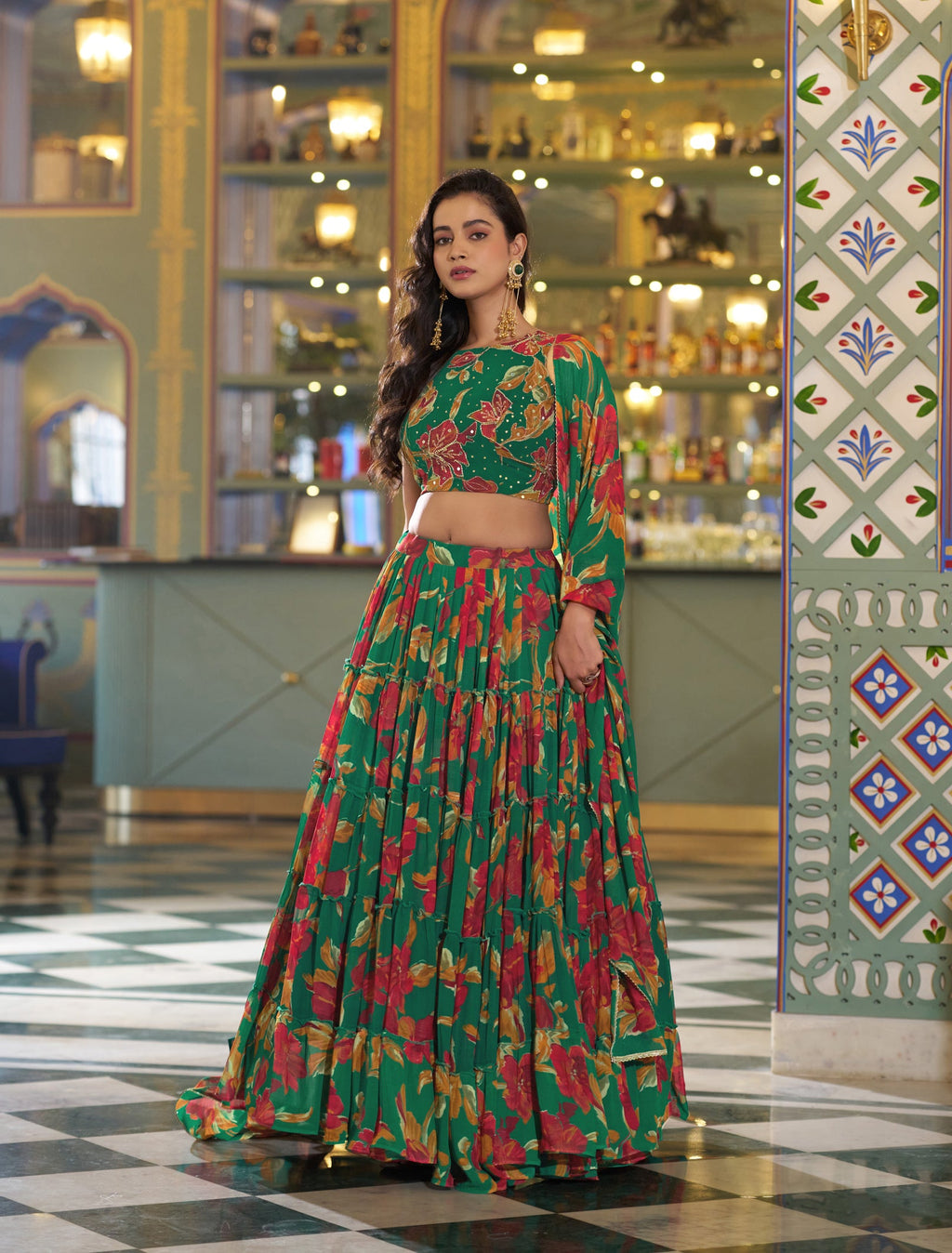 Multicolor marble floral printed lehenga choli with dupatta