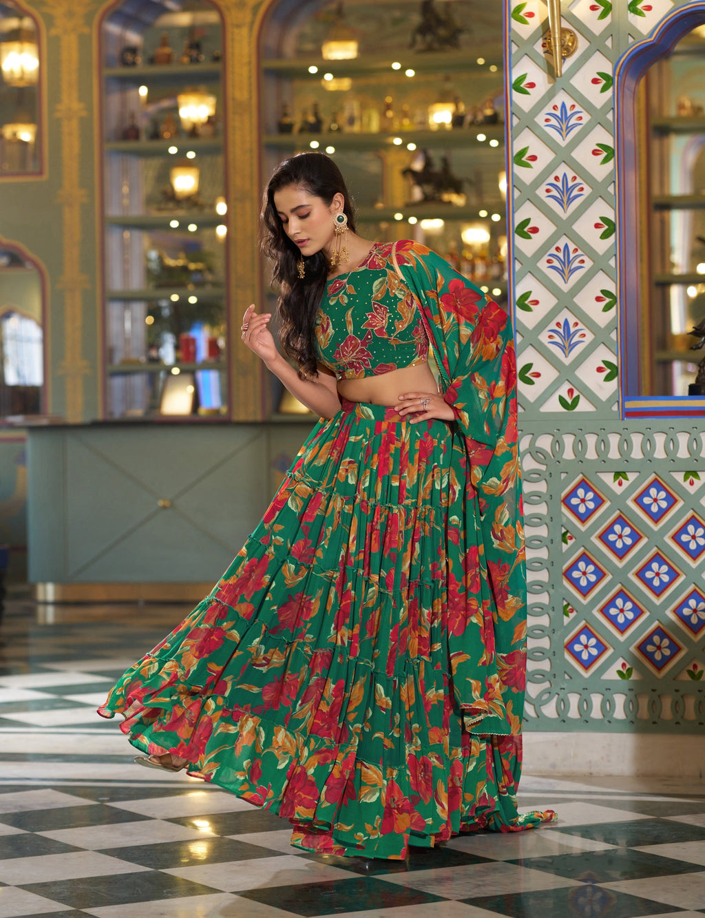 Multicolor Marble Floral Printed Lehenga Choli with Dupatta