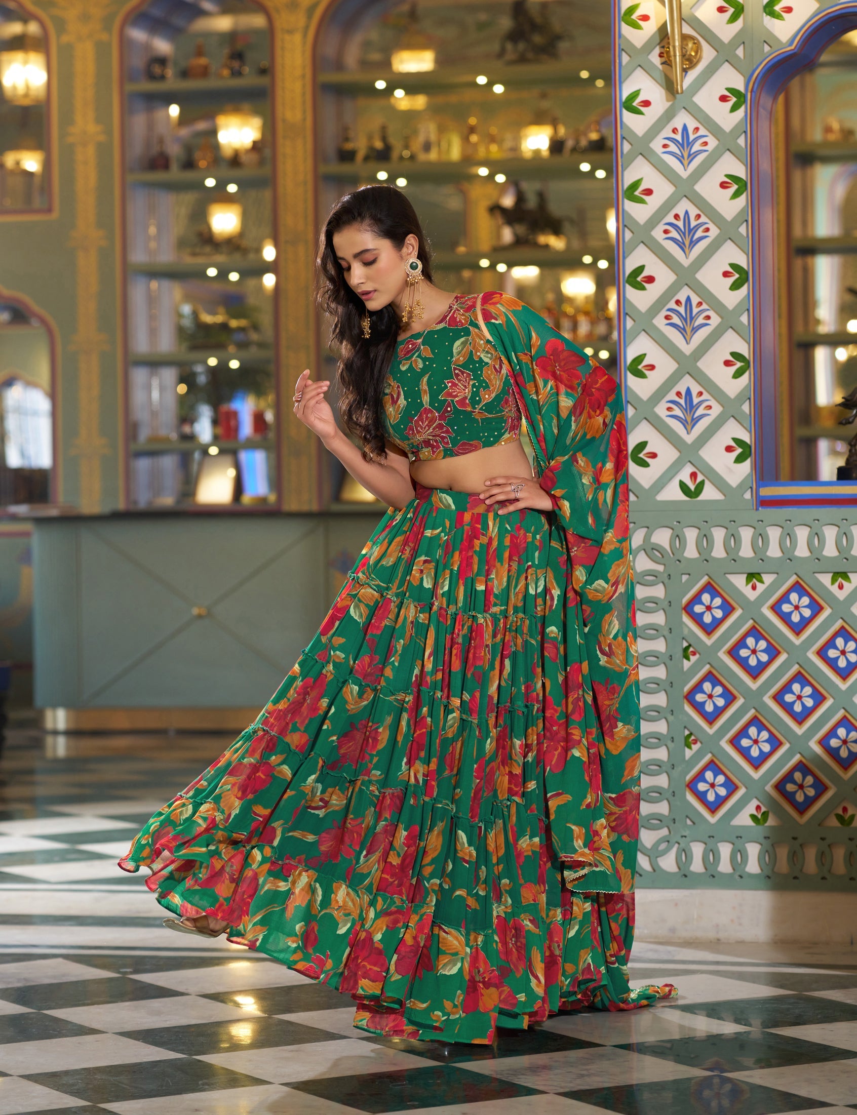 Multicolor Marble Floral Printed Lehenga Choli with Dupatta