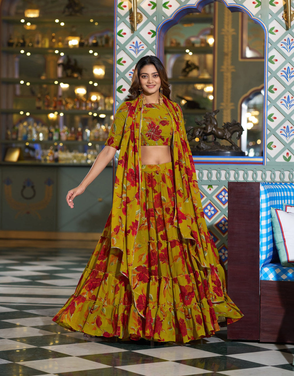 Multicolor marble floral printed lehenga choli set with matching dupatta