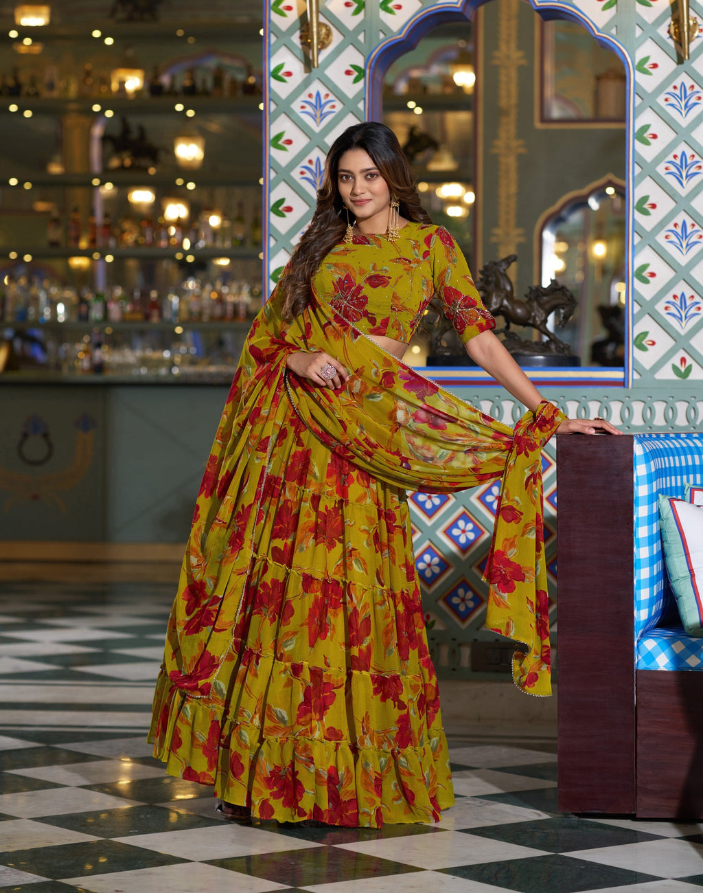 Multicolor Marble Floral Print Lehenga Choli Set with Dupatta