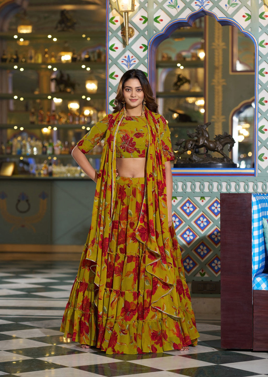 Multicolor Marble Floral Print Lehenga Choli Set with Dupatta