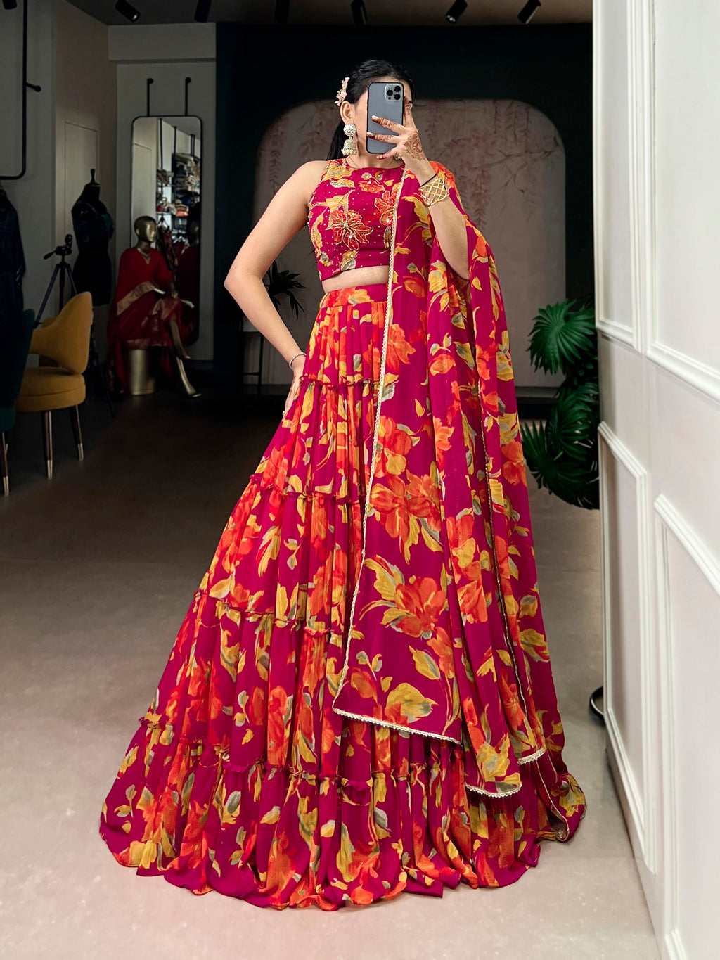 Multicolor Marble Floral Printed Lehenga Choli with Dupatta