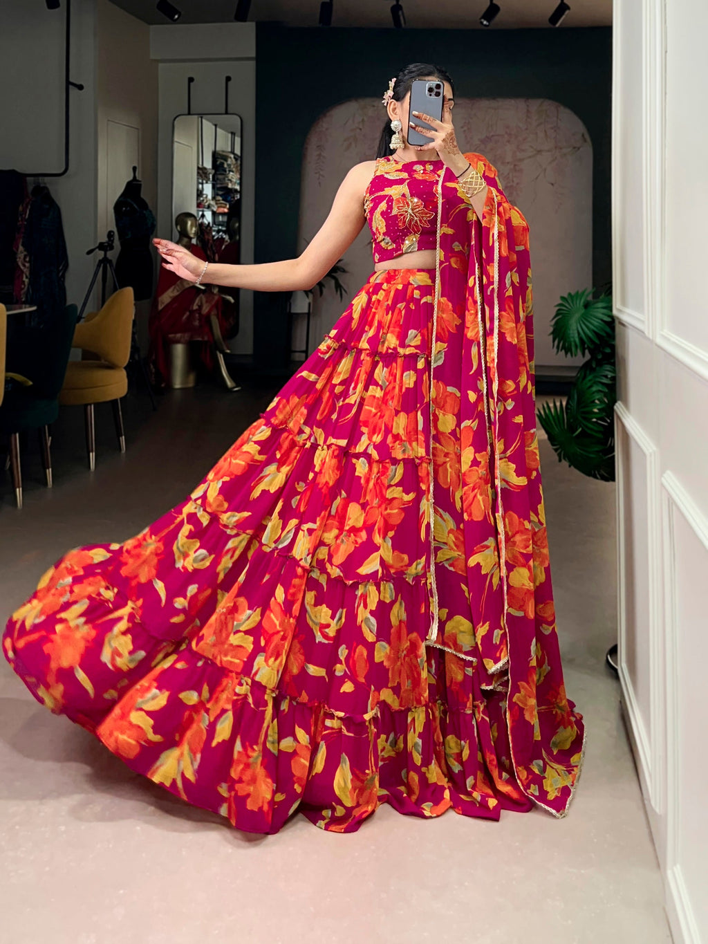 Multicolor Marble Floral Printed Lehenga Choli with Dupatta