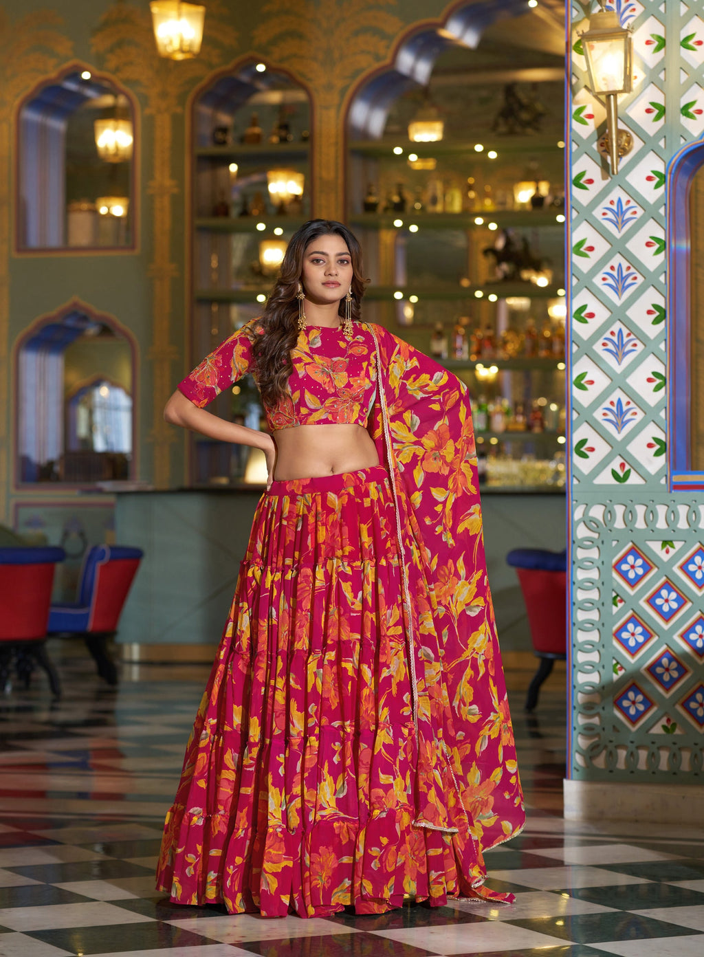 Multicolor Floral Print Lehenga Choli Set with Dupatta