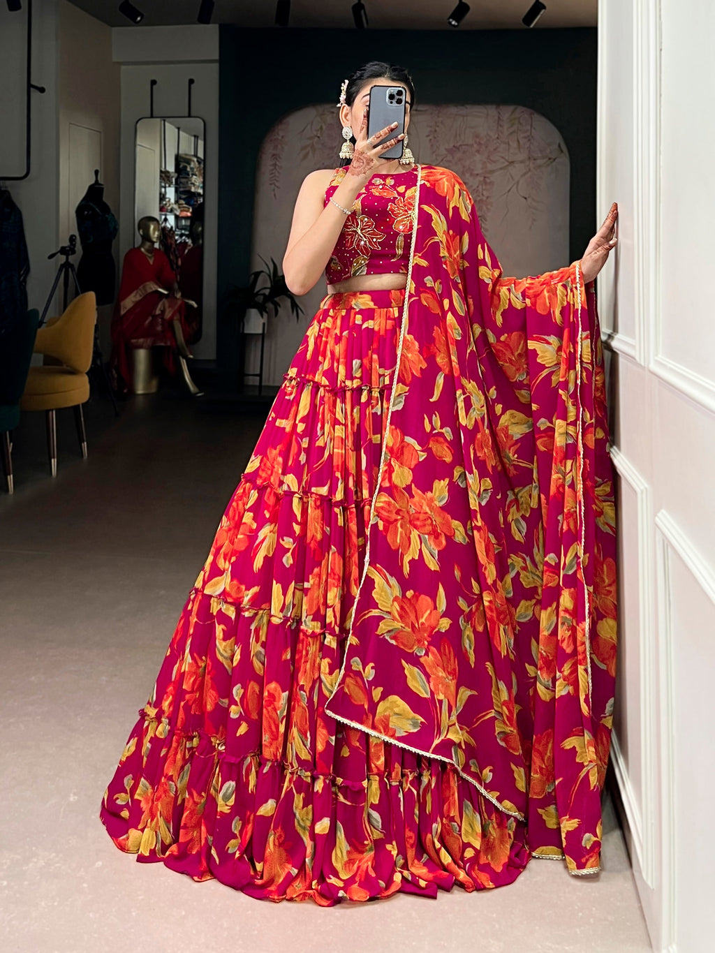 Multicolor Marble Floral Printed Lehenga Choli with Dupatta