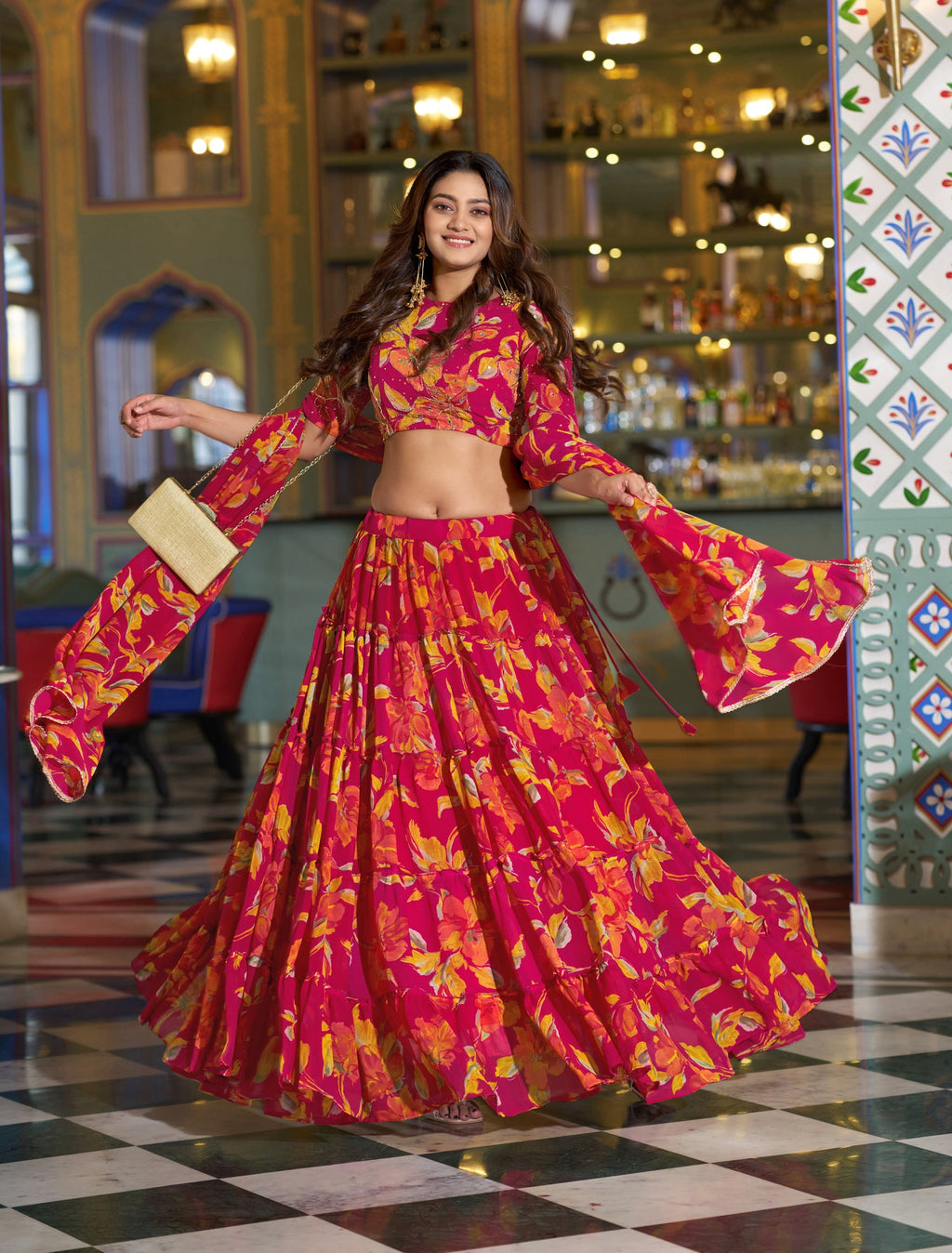 Multicolor Floral Print Lehenga Choli Set with Dupatta