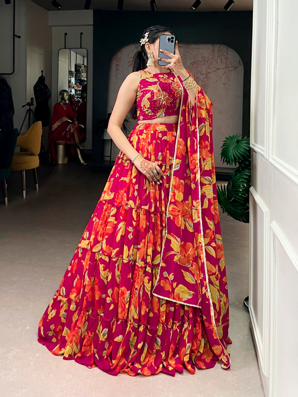 Multicolor Marble Floral Printed Lehenga Choli with Dupatta
