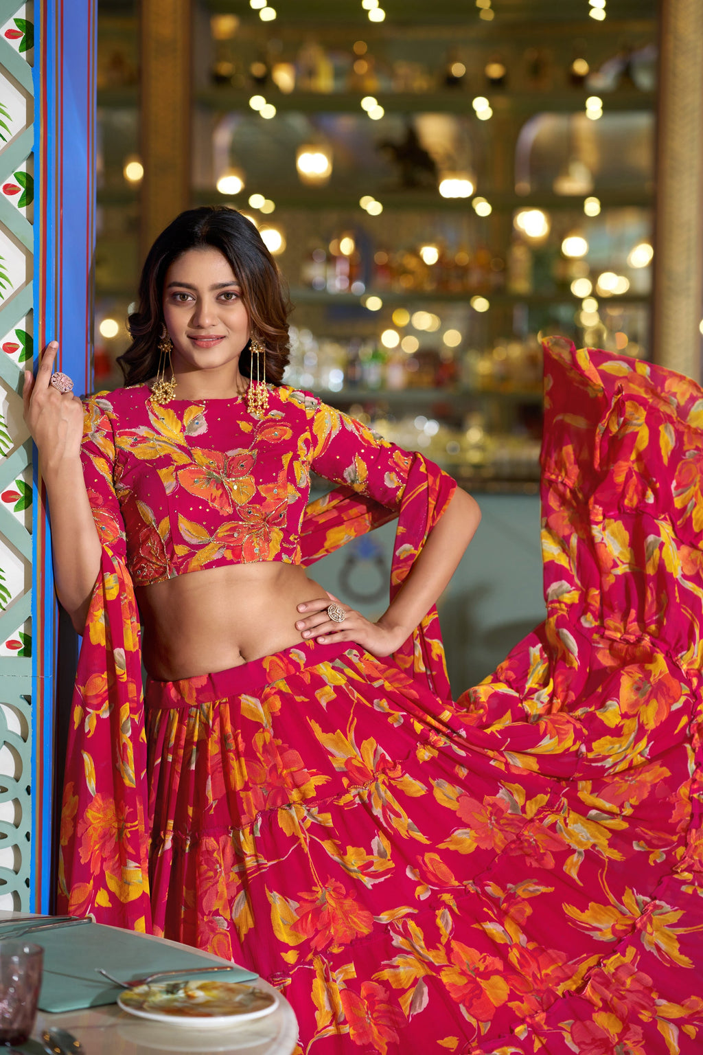 Multicolor Floral Print Lehenga Choli Set with Dupatta