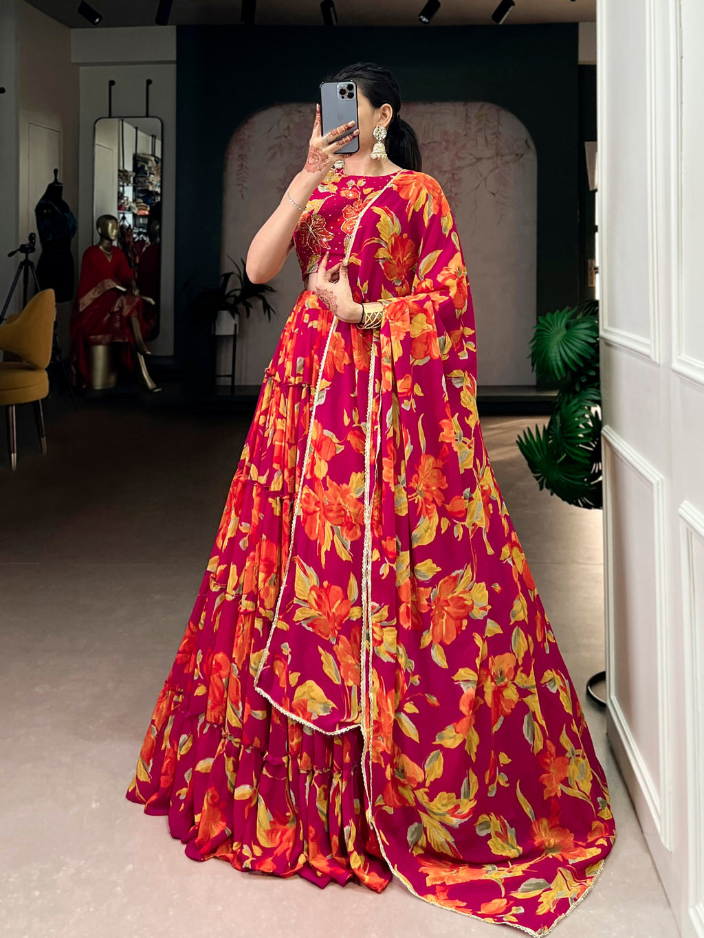 Multicolor Marble Floral Printed Lehenga Choli with Dupatta
