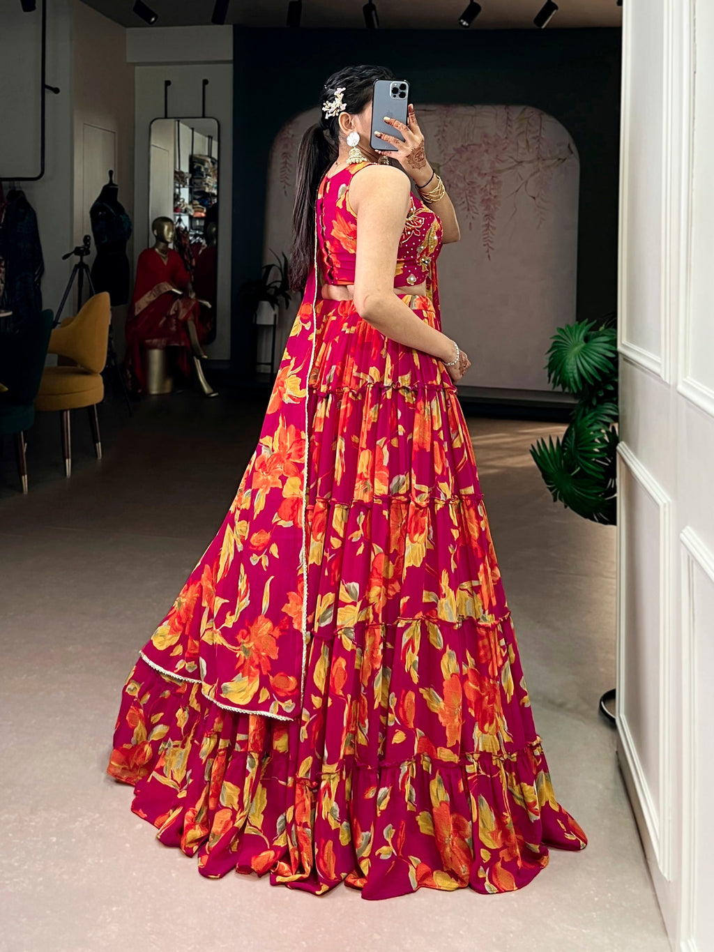 Multicolor Marble Floral Printed Lehenga Choli with Dupatta