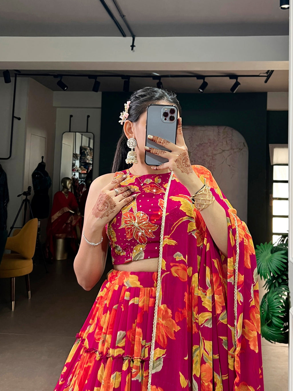 Multicolor Marble Floral Printed Lehenga Choli with Dupatta